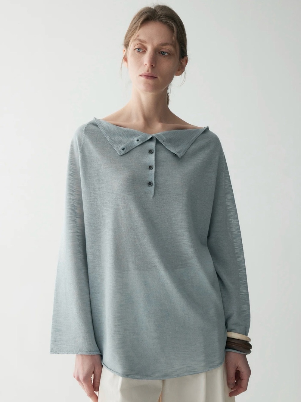 Relaxed Light Blue Button-Front Wide Collar Long Sleeve Top